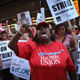 Teachers and their supporters picket in front of the Chicago Public Schools headquarters Sept. 11, 2012, in Chicago. That was the first strike by CPS teachers in 25 years. If a contract dispute isn’t settled, they will strike for the second time Oct. 11, 2016.
Scott Olson/Getty Images